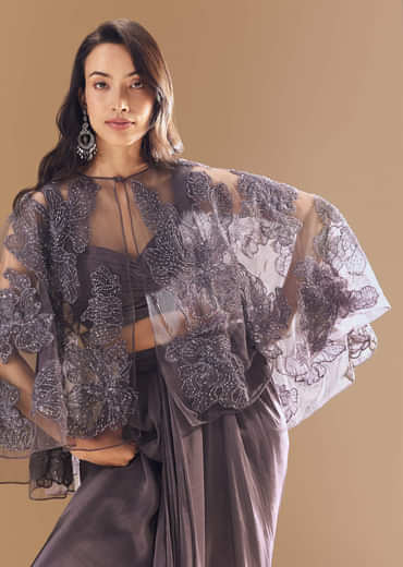 Purple Cutdana Embellished Crop Top Skirt Set with Cape