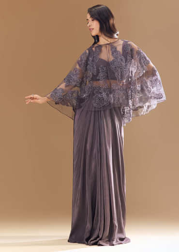 Purple Cutdana Embellished Crop Top Skirt Set with Cape