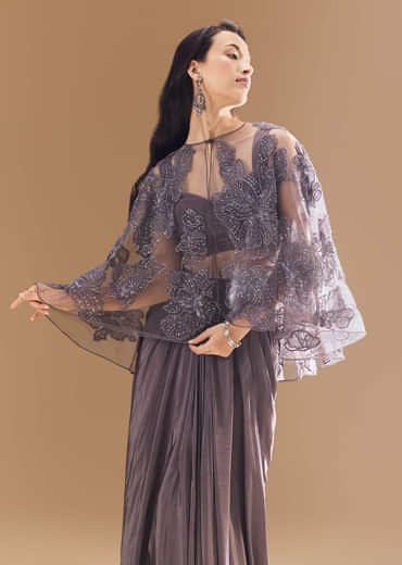 Purple Cutdana Embellished Crop Top Skirt Set with Cape