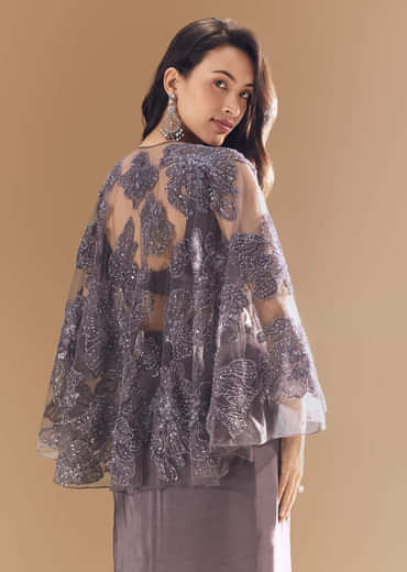 Purple Cutdana Embellished Crop Top Skirt Set with Cape