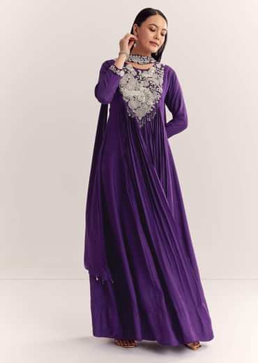 Purple Dola Silk Anarkali With Silver Zardosi And Choker Dupatta