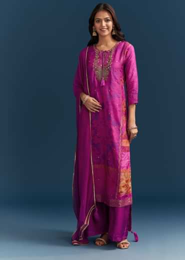 Purple Dola Silk Kurta Set With Floral Print And Embroidered Accents