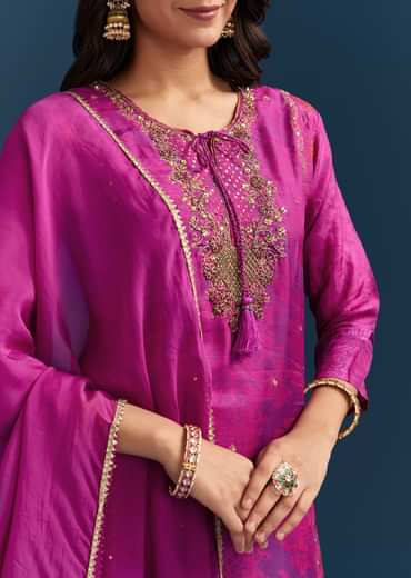 Purple Dola Silk Kurta Set With Floral Print And Embroidered Accents