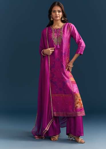 Purple Dola Silk Kurta Set With Floral Print And Embroidered Accents