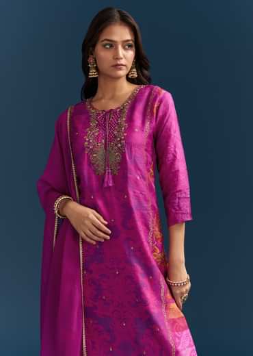 Purple Dola Silk Kurta Set With Floral Print And Embroidered Accents