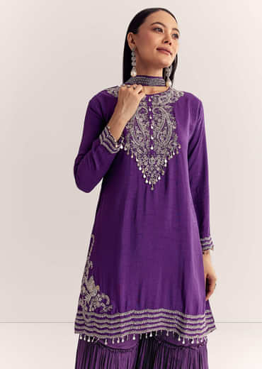 Purple Dola Silk Kurta Set With Zardosi And Choker Dupatta