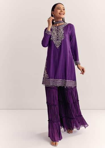 Purple Dola Silk Kurta Set With Zardosi And Choker Dupatta