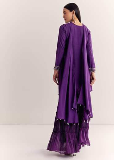 Purple Dola Silk Kurta Set With Zardosi And Choker Dupatta