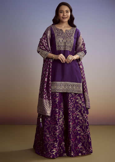 Purple Dola Silk Palazzo Suit With Heavy Embroidery