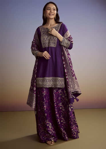 Purple Dola Silk Palazzo Suit With Heavy Embroidery