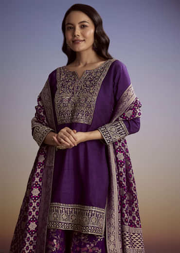 Purple Dola Silk Palazzo Suit With Heavy Embroidery