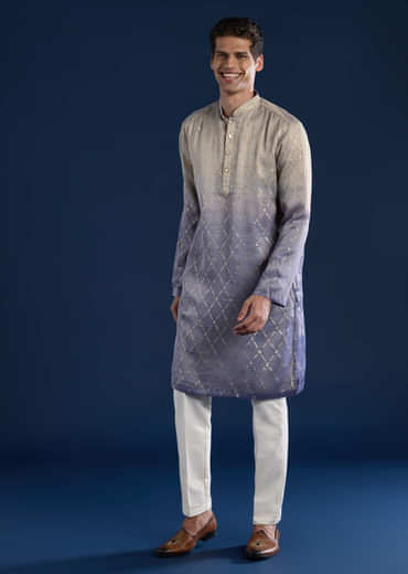 Purple Foil Print Mens Kurta and Pant Set