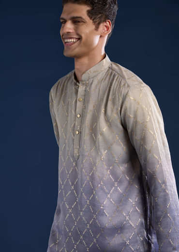 Purple Foil Print Mens Kurta and Pant Set