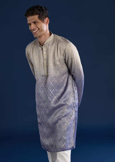 Purple Foil Print Mens Kurta and Pant Set
