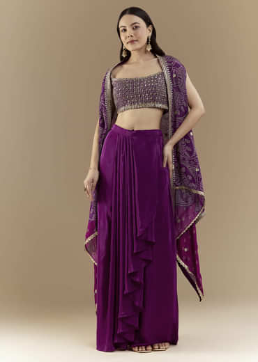 Purple Fusion Crop Top Skirt Set with Bandhani Cape