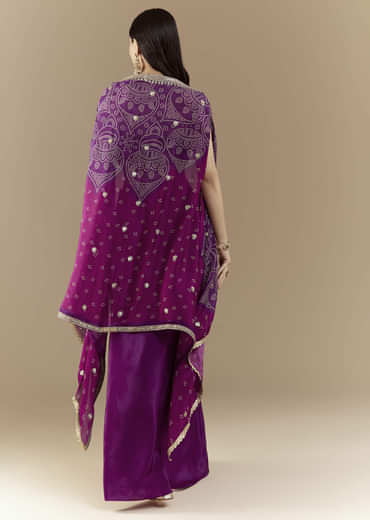 Purple Fusion Crop Top Skirt Set with Bandhani Cape