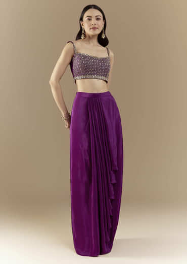 Purple Fusion Crop Top Skirt Set with Bandhani Cape