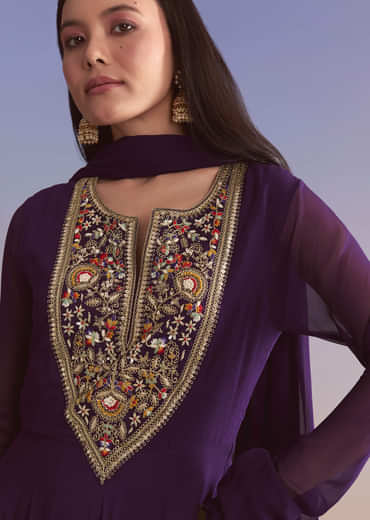 Purple Georgette Anarkali Suit With Sequins And Resham Embroidery