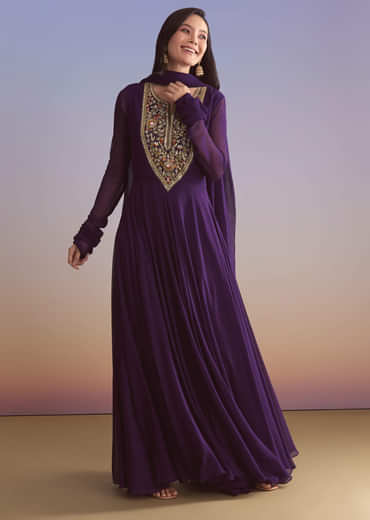 Purple Georgette Anarkali Suit With Sequins And Resham Embroidery