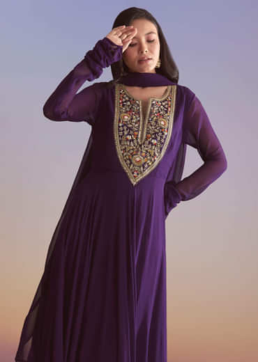 Purple Georgette Anarkali Suit With Sequins And Resham Embroidery