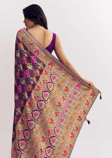 Purple Georgette Bandhani Saree With Animal Motifs And Gota Border