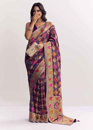 Purple Georgette Bandhani Saree With Animal Motifs And Gota Border