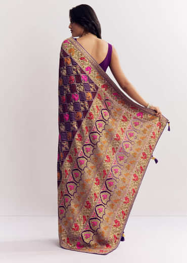 Purple Georgette Bandhani Saree With Animal Motifs And Gota Border