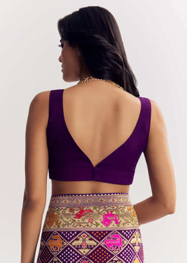 Purple Georgette Bandhani Saree With Animal Motifs And Gota Border