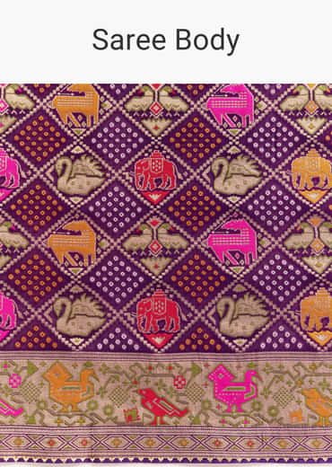 Purple Georgette Bandhani Saree With Animal Motifs And Gota Border