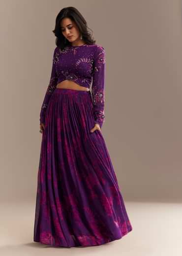 Purple Georgette Floral Printed Lehenga Set