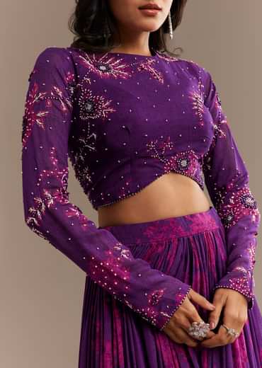 Purple Georgette Floral Printed Lehenga Set