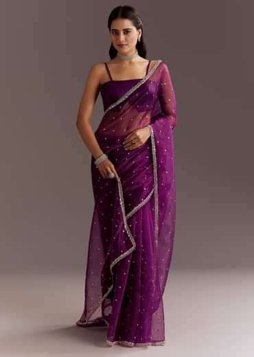 Purple Glass Tissue Saree With Cutdana And Sequins Scallop Border