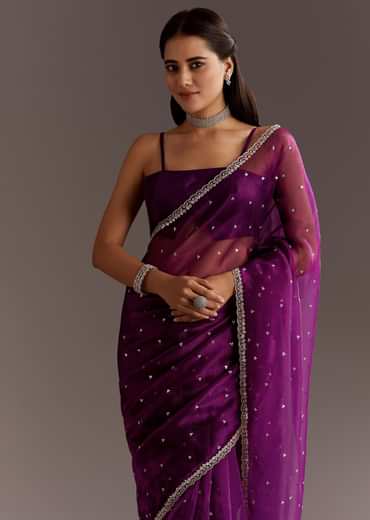 Purple Glass Tissue Saree With Cutdana And Sequins Scallop Border