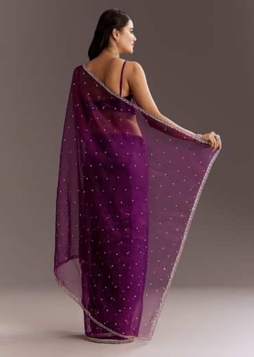 Purple Glass Tissue Saree With Cutdana And Sequins Scallop Border