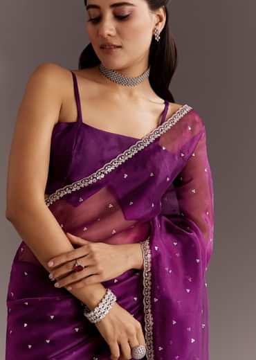 Purple Glass Tissue Saree With Cutdana And Sequins Scallop Border