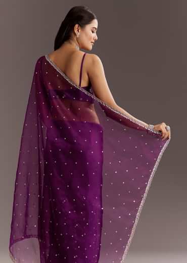 Purple Glass Tissue Saree With Cutdana And Sequins Scallop Border