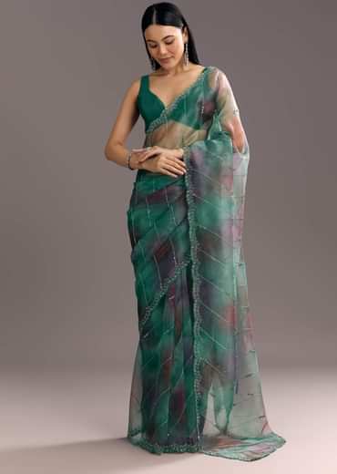 Purple Green Shaded Organza Saree With Cutdana Sequin Embroidery