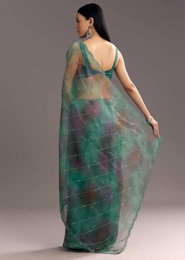 Purple Green Shaded Organza Saree With Cutdana Sequin Embroidery