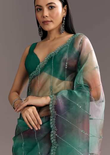 Purple Green Shaded Organza Saree With Cutdana Sequin Embroidery