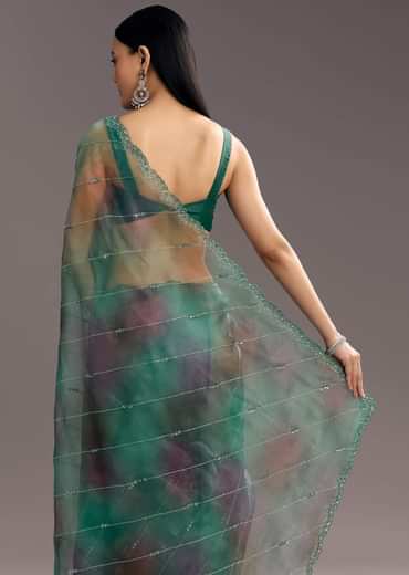 Purple Green Shaded Organza Saree With Cutdana Sequin Embroidery