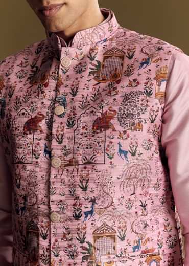 Purple Jacquard Jacket Kurta Set With Subtle Animal Motif