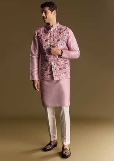 Purple Jacquard Jacket Kurta Set With Subtle Animal Motif