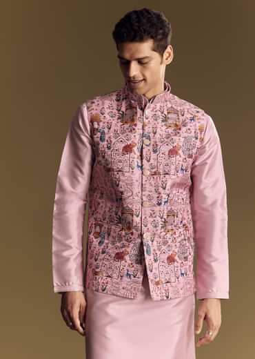 Purple Jacquard Jacket Kurta Set With Subtle Animal Motif