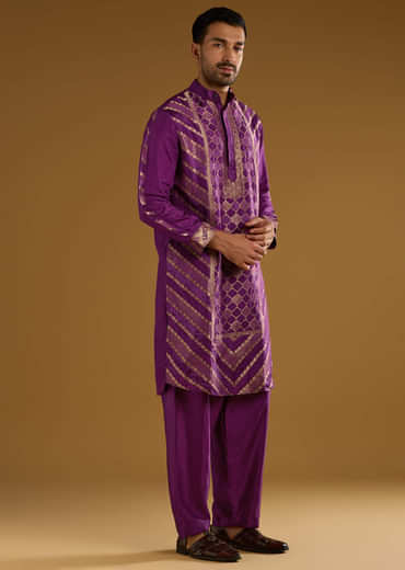 Purple Jacquard Kurta Set For Men With Handwoven Work