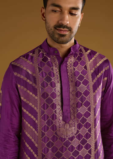 Purple Jacquard Kurta Set For Men With Handwoven Work