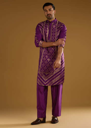 Purple Jacquard Kurta Set For Men With Handwoven Work