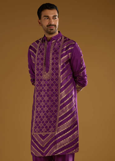 Purple Jacquard Kurta Set For Men With Handwoven Work