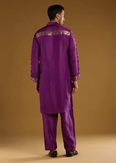 Purple Jacquard Kurta Set For Men With Handwoven Work