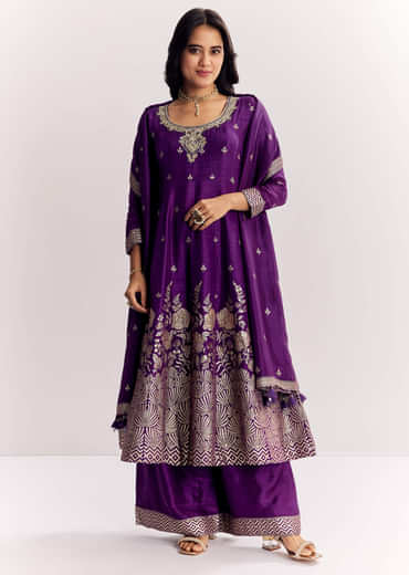 Purple Jacquard Silk Anarkali Dupatta Suit With Traditional Weave