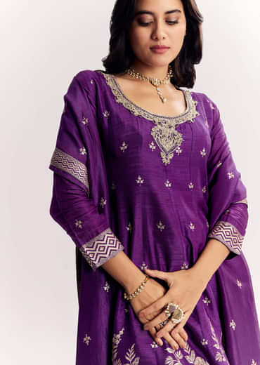 Purple Jacquard Silk Anarkali Dupatta Suit With Traditional Weave